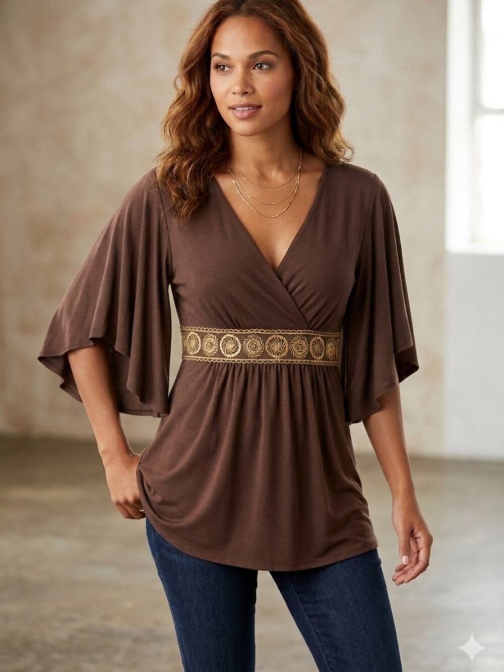 Pretty Maurices Women's Kimono Sleeve Brown Empire Waist Top w/Gold Details